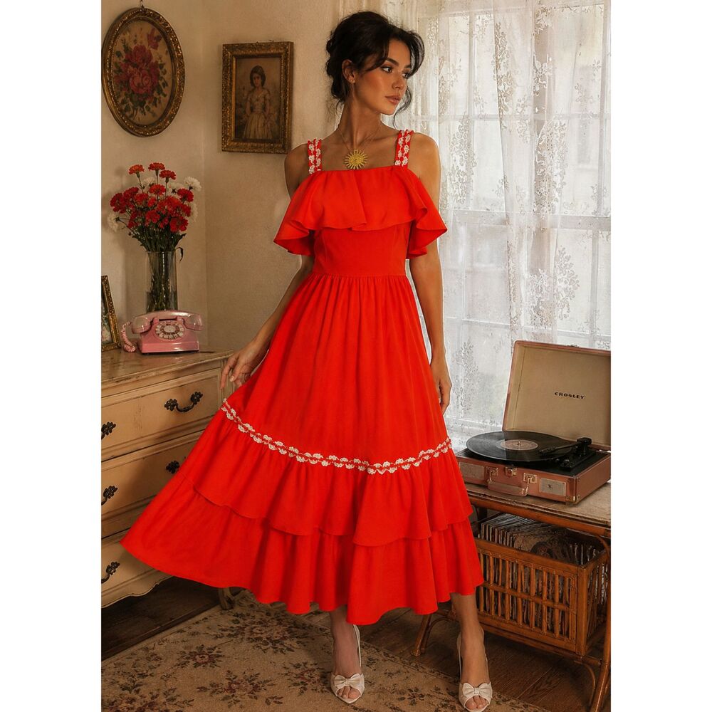 Vintage Boho Salasa Feminine Festival Romantic Dress with Floral Lace Details